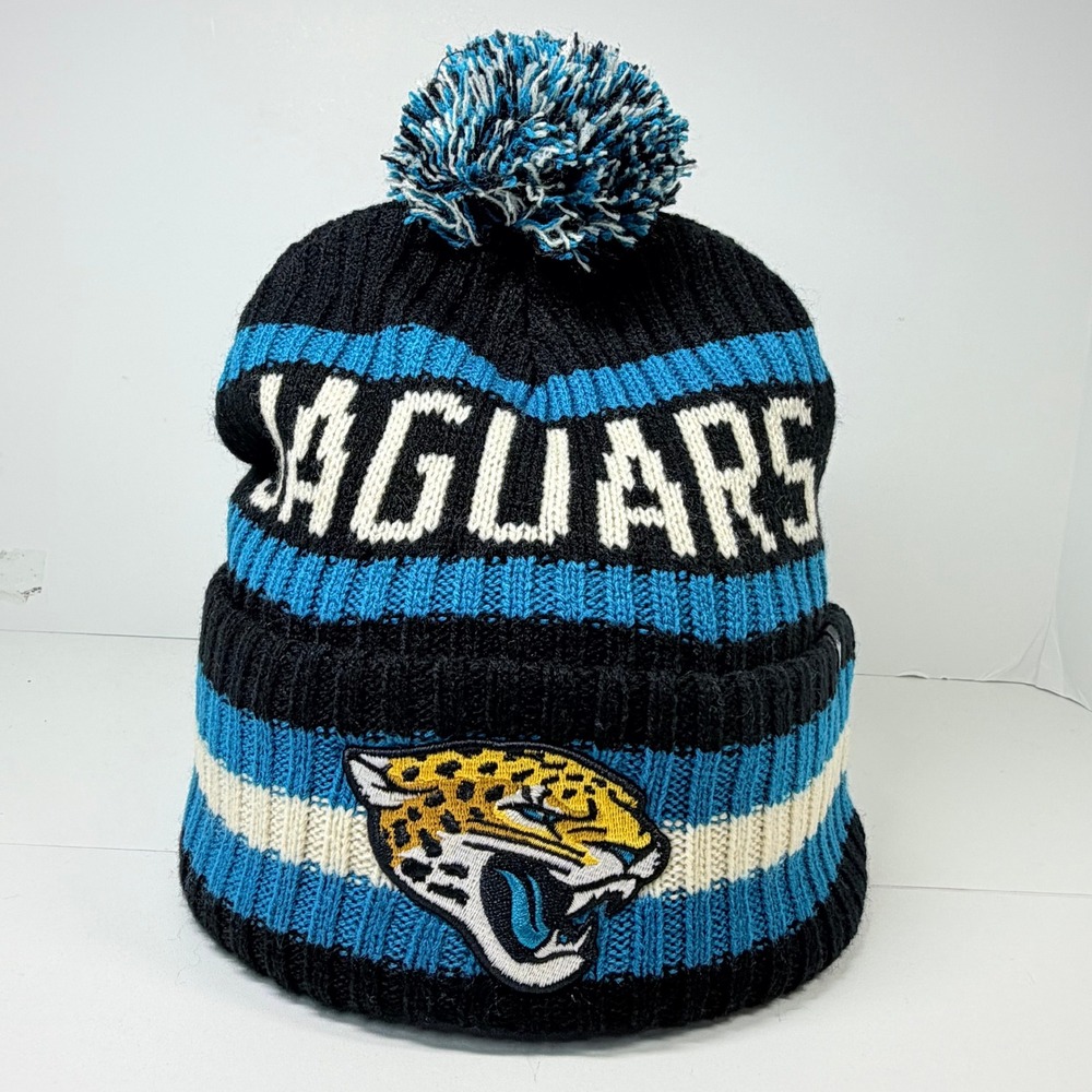 NFL Jacksonville Jaguars Pom Beanie Hat Mens OSF Black Blue Striped Fleece Lined
